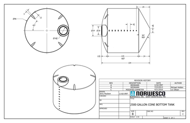 500 Gallon 30 Degree Cone Bottom Tank with Poly Stand - Technical Drawing