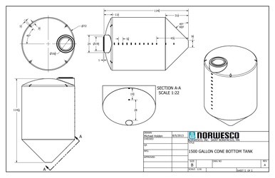 500 Gallon 45 Degree Cone Bottom Tank - Technical Drawing
