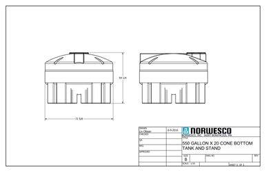 550 Gallon 20 Degree Cone Bottom Tank with Poly Stand - Technical Drawing