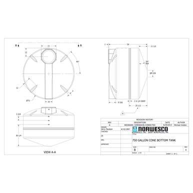 750 Gallon 20 Degree Cone Bottom Tank - Technical Drawing