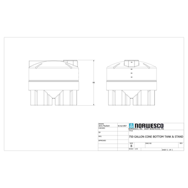 750 Gallon 20 Degree Cone Bottom Tank with Poly Stand - Technical Drawing