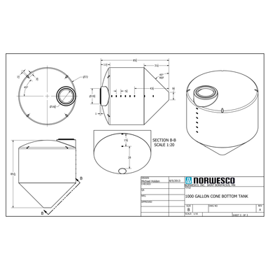1000 Gallon 45 Degree Cone Bottom Tank - Technical Drawing