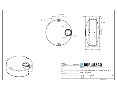 1020 Gallon 15 Degree Cone Bottom Tank - Technical Drawing