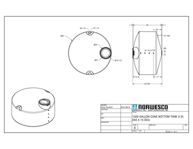 1320 Gallon 15 Degree Cone Bottom Tank - Technical Drawing