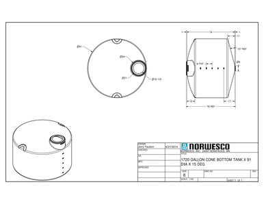 1720 Gallon 15 Degree Cone Bottom Tank - Technical Drawing