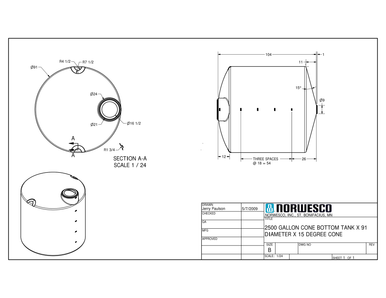 2500 Gallon 15 Degree Cone Bottom Tank - Technical Drawing