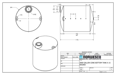 3000 Gallon 15 Degree Cone Bottom Tank - Technical Drawing