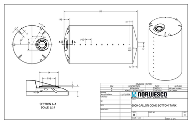 6000 Gallon 15 Degree Cone Bottom Tank - Technical Drawing