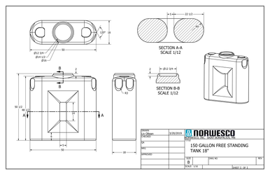 150 Gallon Doorway Water Tank - Technical Drawing