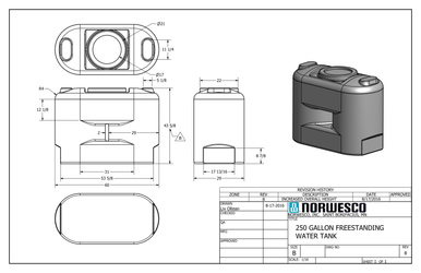 250 Gallon Doorway Water Tank - White (25" x 54") - Technical Drawing