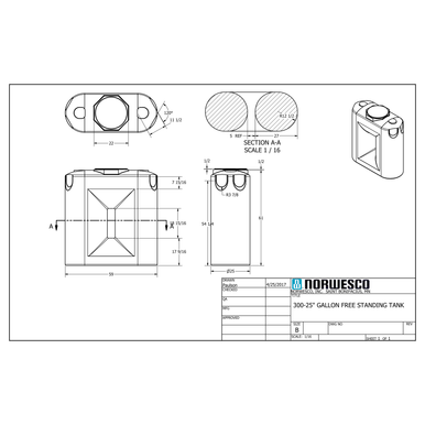 300 Gallon Green Doorway Water Tank - Technical Drawing
