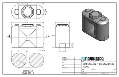 300 Gallon Doorway Water Tank - Natural White (29" x 50") - Technical Drawing