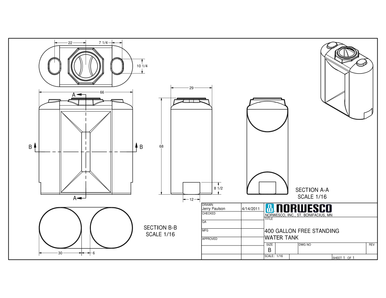 400 Gallon Green Doorway Water Tank - Technical Drawing