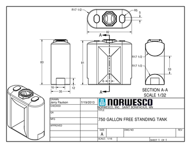 750 Gallon Doorway Water Tank - Technical Drawing