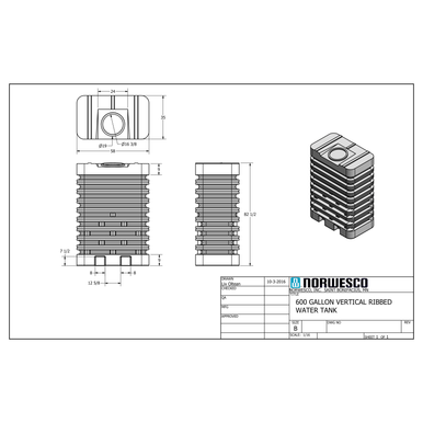 600 Gallon Doorway Water Tank (Ribbed) - Technical Drawing