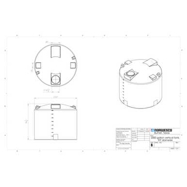 2000 Gallon Plastic Water Storage Tank - Black (93" x 80") - Technical Drawing