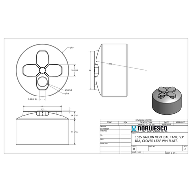 1525 Gallon Plastic Water Storage Tank - Technical Drawing