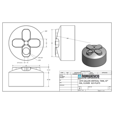 1075 Gallon Plastic Water Storage Tank - Technical Drawing