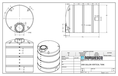 1000 Gallon Plastic Water Storage Tank - Black (64" x 80") - Technical Drawing