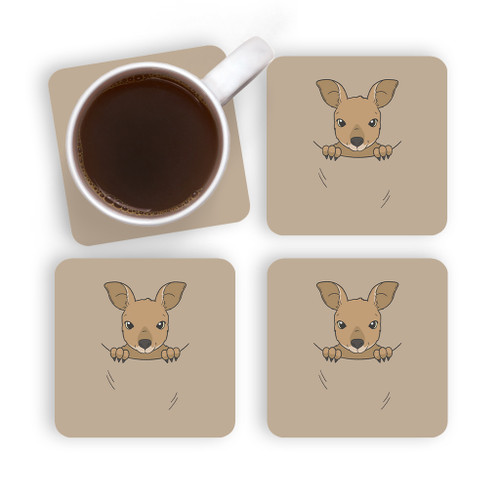 Baby Kangaroo In Pouch With Brown Background Coaster Set By Vexels