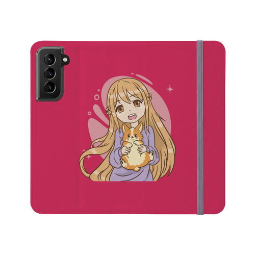 Pink Anime Girl With Corgi Samsung Folio Case By Vexels