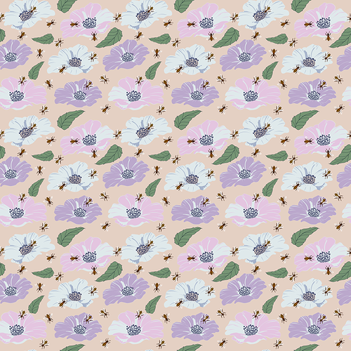 Flowers With Bees Pattern Design By Artists Collection