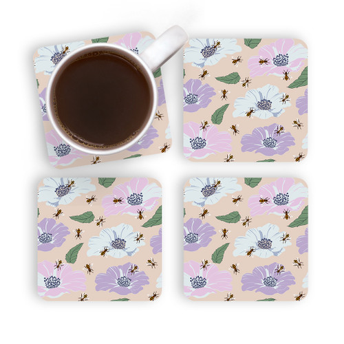 Flowers With Bees Pattern Coaster Set By Artists Collection