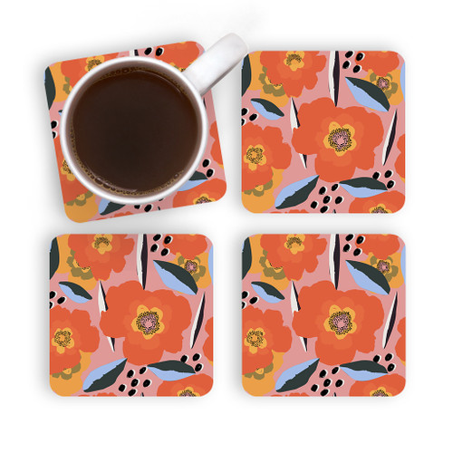 Abstract Orange Poppy Pattern Coaster Set By Artists Collection