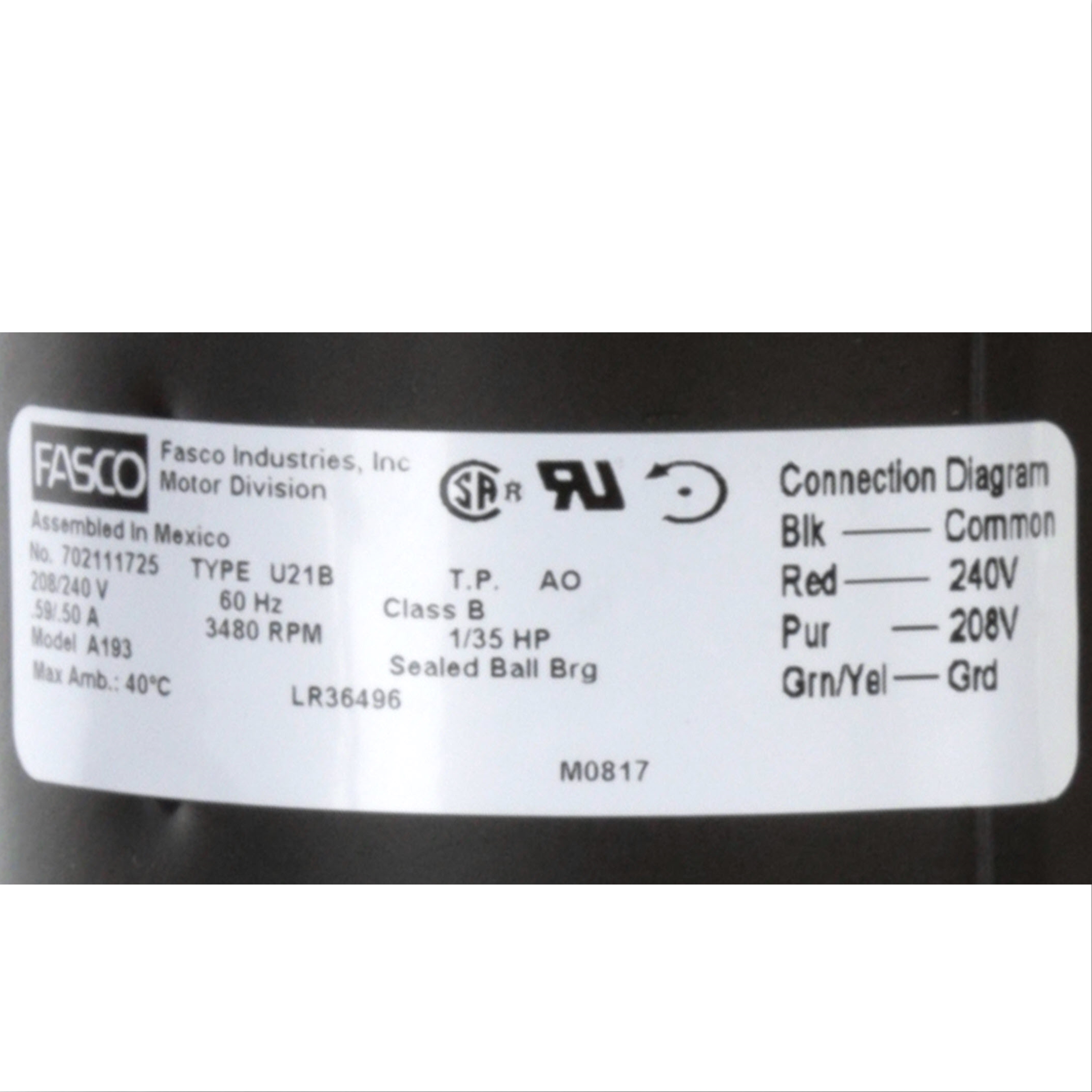 Fasco A193 3480 RPM 208/240 Volts OEM Replacement Draft Inducer Blower