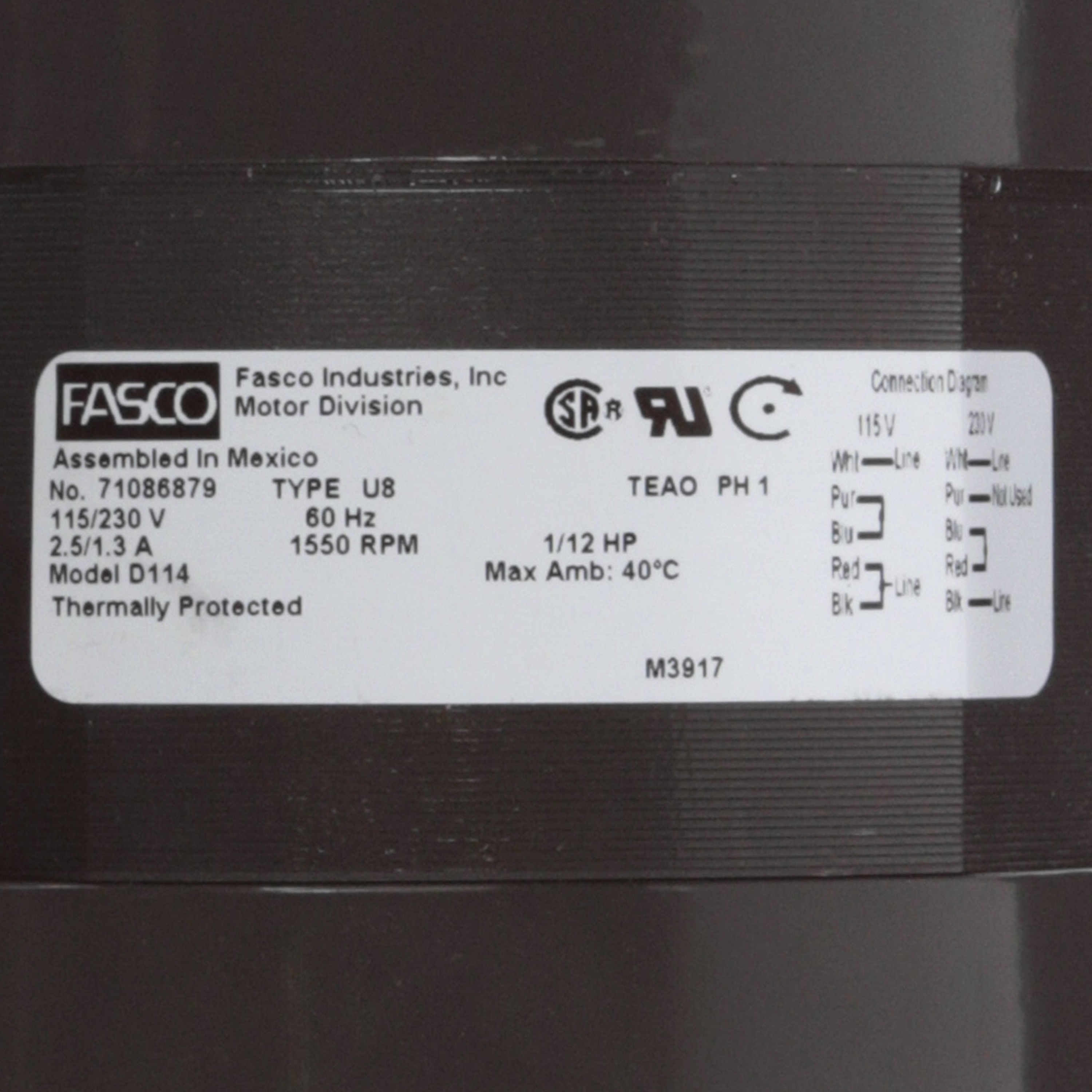 Fasco D114 1/12 HP 1550 RPM 115/230 Volts Fan Coil Unit Motor