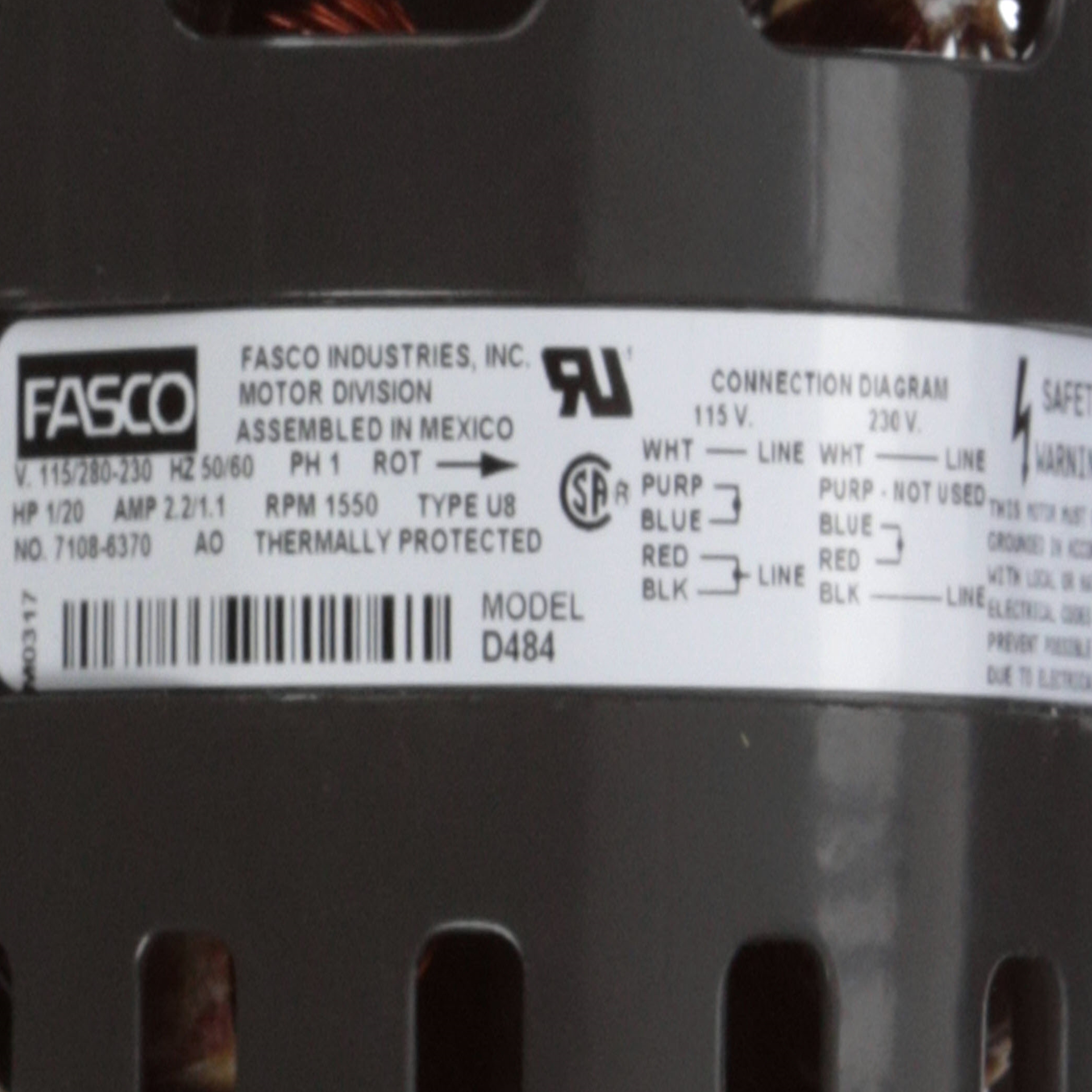 Fasco D484 1/20 HP 1550 RPM 115/208-230 Volts Refrigeration Fan Motor