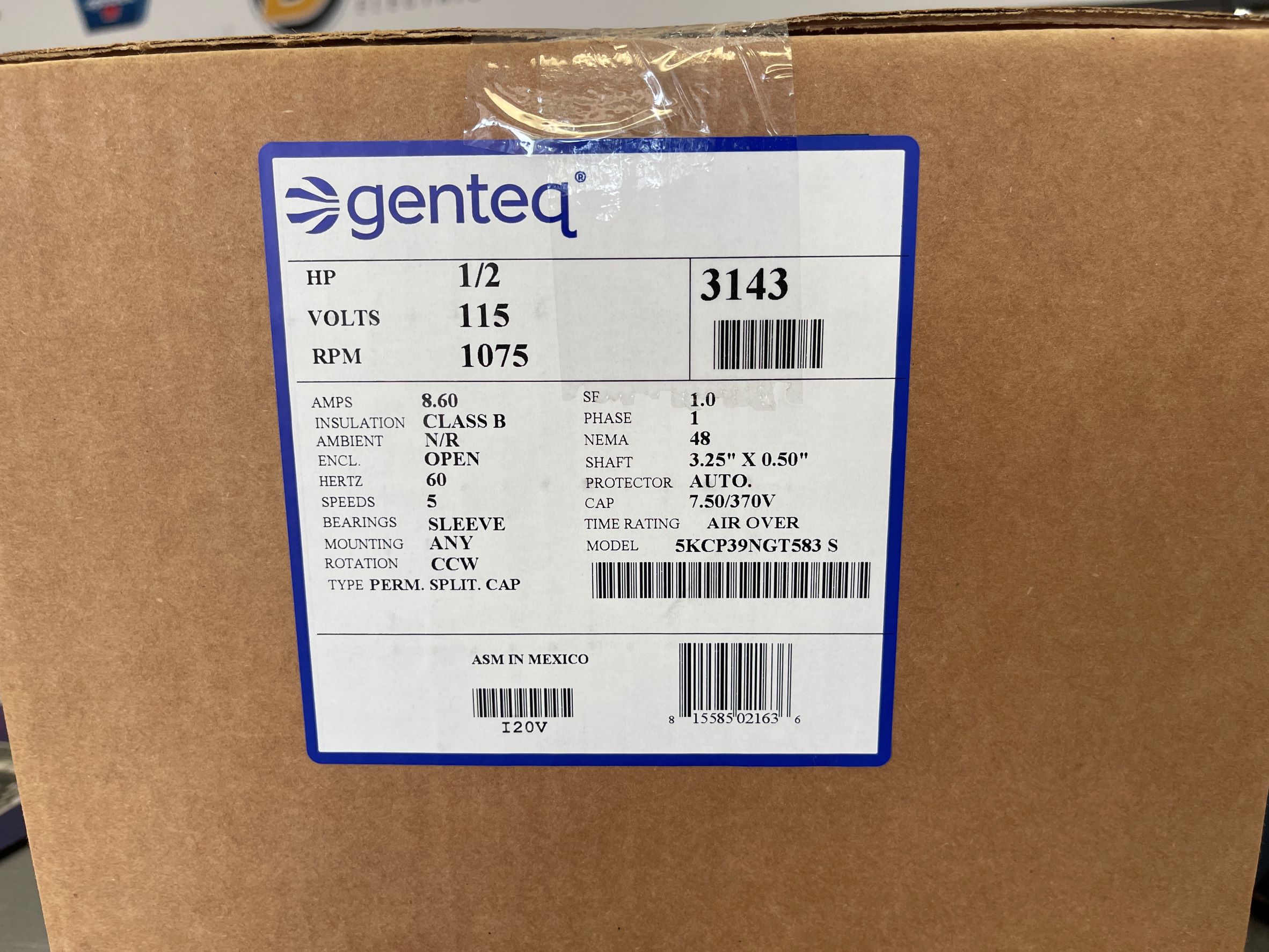 Genteq 3143 1/2 HP 1075 RPM 115 Volts Lennox Replacement Motor