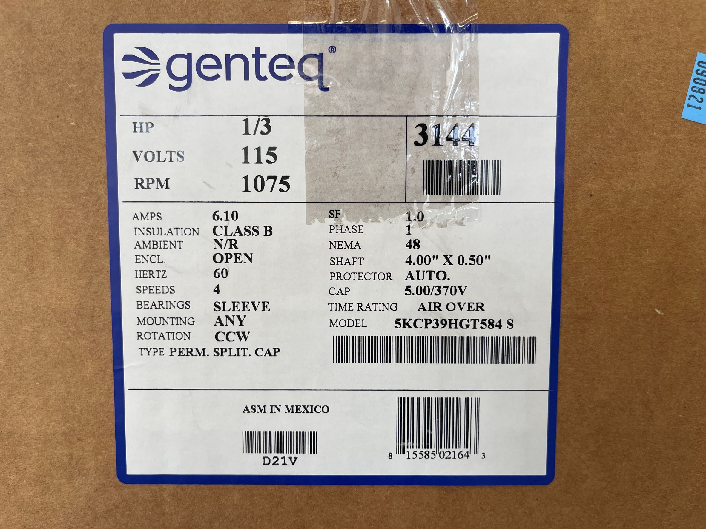 Genteq 3144 1/3 HP 1075 RPM 115 Volts Lennox Replacement Motor