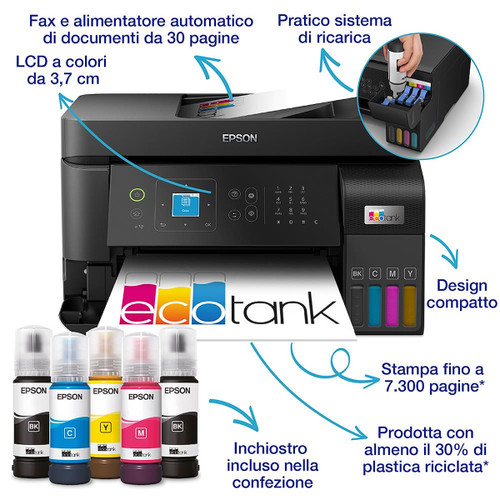 EPSON - EcoTank ET-4810 Stampante Multifunzione 4-in-1 A4, Serbatoi Ricaricabili Alta Capacità, include 4 Flaconi di inchiostro - 2240000465