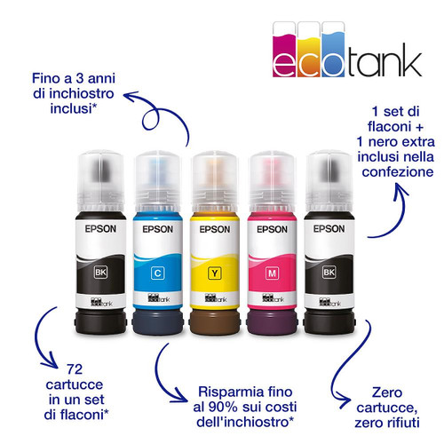 EPSON - EcoTank ET-4810 Stampante Multifunzione 4-in-1 A4, Serbatoi Ricaricabili Alta Capacità, include 4 Flaconi di inchiostro - 2240000465