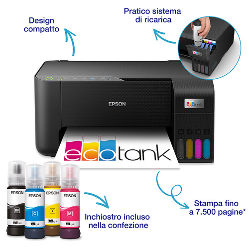 EPSON - EcoTank ET-2860 Stampante Multifunzione 3-in-1 A4, Serbatoi Ricaricabili Alta Capacità, include 4 flaconi di inchiostro - 2240000350
