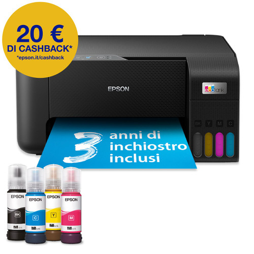 EPSON - EcoTank ET-2860 Stampante Inkjet Multifunzione A4, serbatoi ricaricabili, 3 anni inchiostro inclusi, 20 € di cashback* - 2240000350