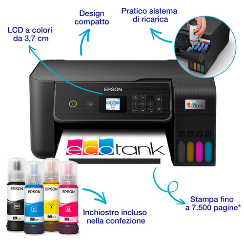EPSON - EcoTank ET-2870 Stampante Multifunzione 3-in-1 A4, Serbatoi Ricaricabili Alta Capacità, include 4 flaconi di inchiostro - 2240000351