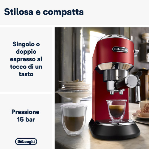 DE'LONGHI - DE'LONGHI Dedica - Macchina da Caffè Manuale Espresso e Cappuccino, Polvere e Cialde ESE, 1.1L, Rosso (EC685.R) - 2170004425
