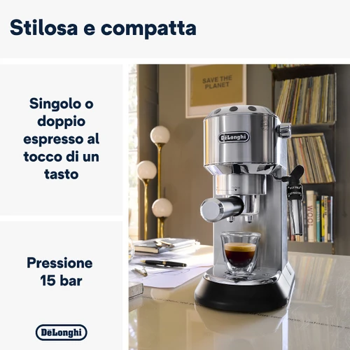 DE'LONGHI - DE'LONGHI Dedica - Macchina da Caffè Manuale Espresso e Cappuccino, Polvere e Cialde ESE,1.1L, Argento (EC685.M) - 2170004426