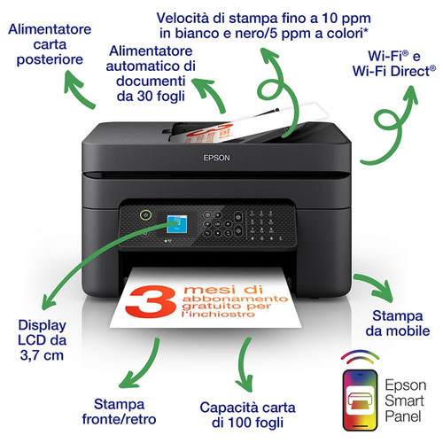 EPSON - Epson WorkForce WF-2930DWF - Stampante multifunzione inkjet (ADF) - Wireless, Display LCD, USB, stampa da mobile - 2220010446 EPSON - Epson WorkForce WF-2930DWF - Stampante multifunzione inkjet (ADF) - Wireless, Display LCD, USB, stampa da mobile - 2220010446