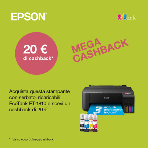EPSON - EcoTank ET-1810 Stampante inkjet A4, serbatoi ricaricabili, fino a 3 anni inchiostro inclusi, 20€ cashback* - 2220004277 EPSON - EcoTank ET-1810 Stampante inkjet A4, serbatoi ricaricabili, fino a 3 anni inchiostro inclusi, 20€ cashback* - 2220004277