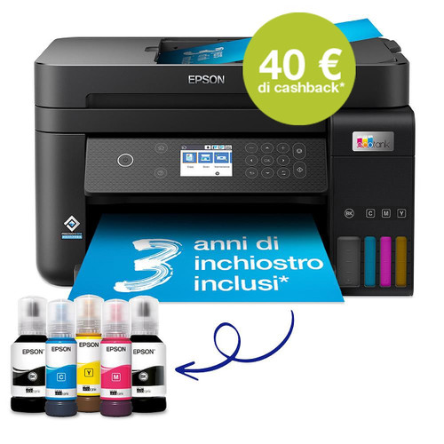EPSON - EcoTank ET-3850 Stampante Multifunzione 3-in-1 A4, Serbatoi Ricaricabili Alta Capacità, include 5 Flaconi di inchiostro - 2210011171