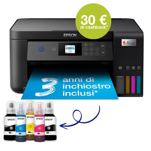 EPSON - EcoTank ET-2850 Stampante Inkjet Multifunzione A4, serbatoi ricaricabili, 3 anni inchiostro inclusi, 30€ cashback* - 2210011160