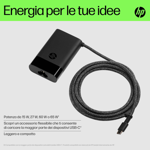 HP - Alimentatore USB-C da 65 W compatto compatibile con Notebook, Tablet, Smartphone, potenza da 15W, fino a 65W - 2220007570