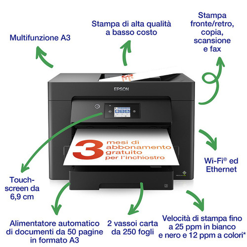 EPSON - Stampante inkjet multifunzione A3 WorkForce WF-7830DTWF, 3 mesi inchiostro gratuito con ReadyPrint - 2230016504