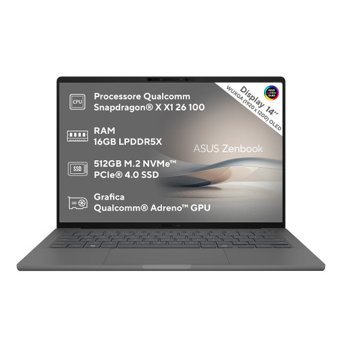 ASUS - ASUS Zenbook A14 UX3407QA-QD213W, display 14", processore Snapdragon® X  X1 26 100, RAM 16GB, 512GB SSD, Gray. - 2250002361