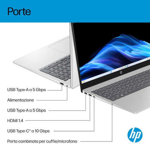 HP - HP Laptop 15-fd1029nl, Windows 11 Home, 15.6", Intel® Core™ Ultra 7, 16GB RAM, 512GB SSD, FHD, Argento naturale - 2260003745