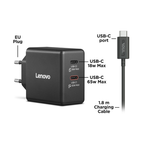 LENOVO - Lenovo Dual USB-C 65W GaN Charger, alimentatore compatto doppia Type-C, cavo USB-C 1,5 m incluso - laptop, cel e tablet - 2260002382