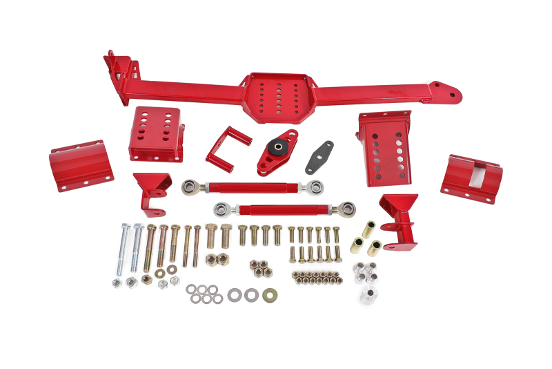 BMR 05-14 S197 Mustang Body Mount Watts Link Rod End/Poly w/ Adj. Axle Clamps - Red - WL006R